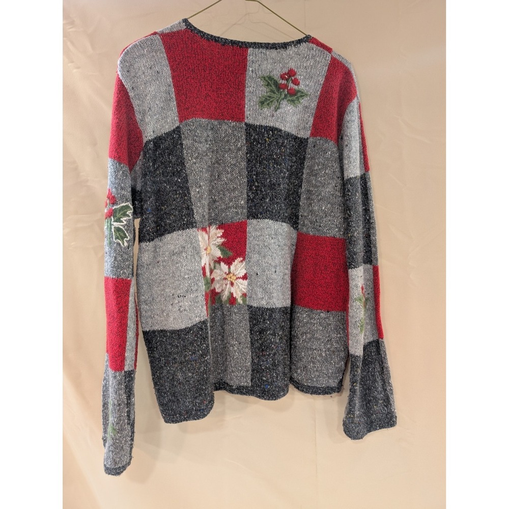 NORTHERN ISLES XL Holiday Cardigan Poinsettia Holly Knit Sweater Patchwork - Picture 6 of 6